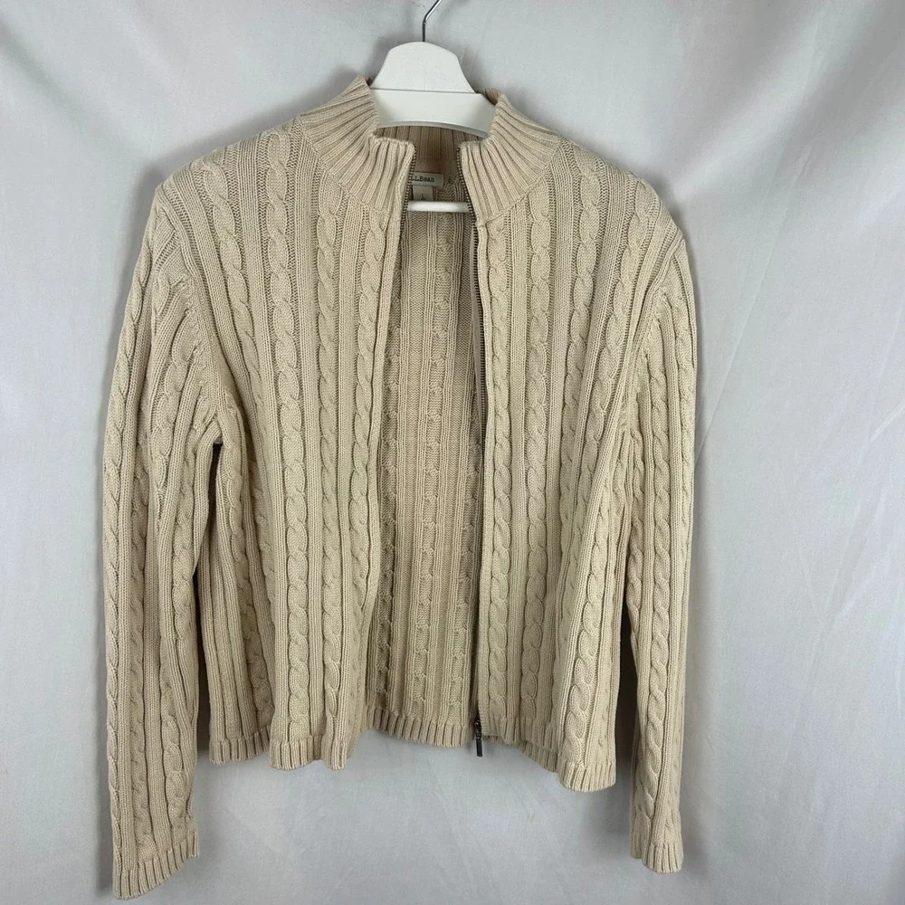LL Bean Womens Large Petite Beige Cable Knit Full Zip Cotton Cardigan Sweater
